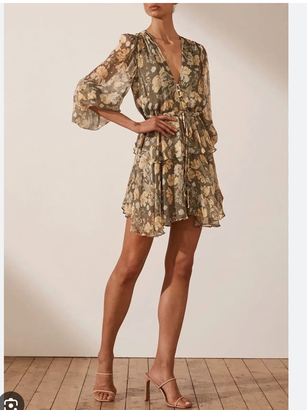 Shona Joy Olive and Yellow Floral Ruffle Mini Dress